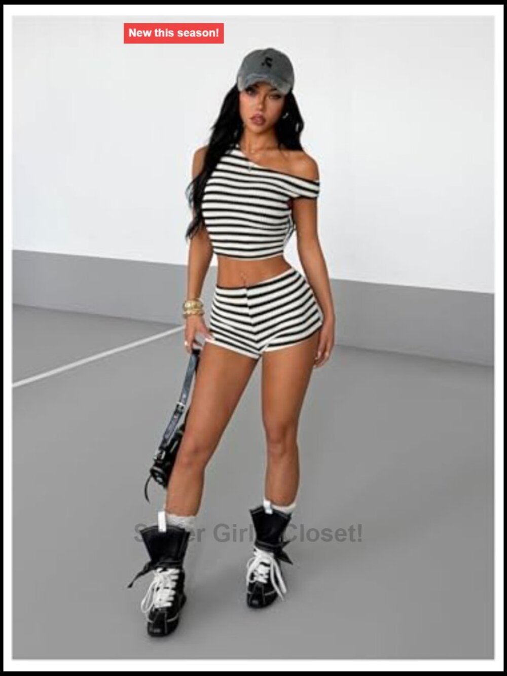 Women's 2 Piece Striped Off Shoulder Top and Shorts Set Summer Outfit - Picture 4 of 6